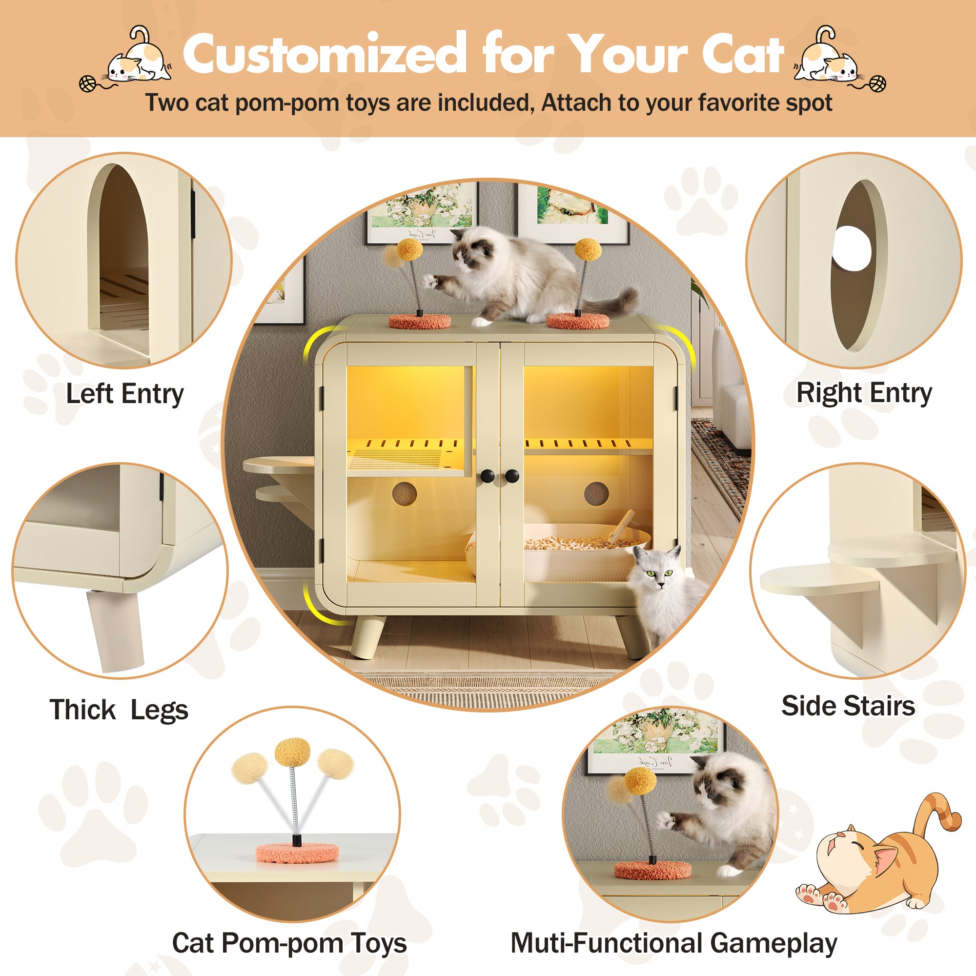 Cat Hidden Litter Box Enclosure With RGB LED Light, Cat House With Stairs And Cat Pom-pom Toys For Fun, Cat Washroom Cabinet With Litter Leak Walkway And Glass Doors For Better View,Beige
