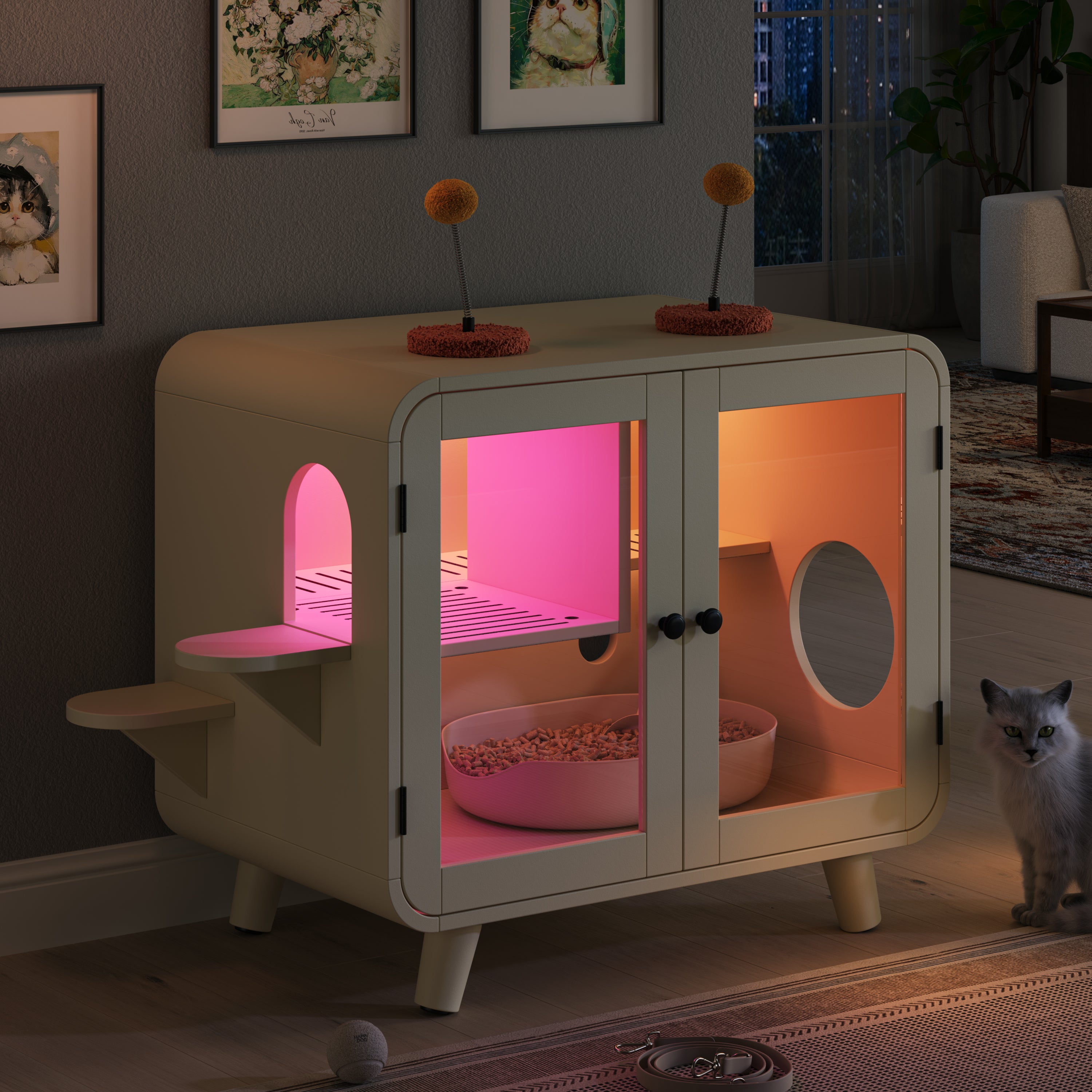 Cat Hidden Litter Box Enclosure With RGB LED Light, Cat House With Stairs And Cat Pom-pom Toys For Fun, Cat Washroom Cabinet With Litter Leak Walkway And Glass Doors For Better View,Beige