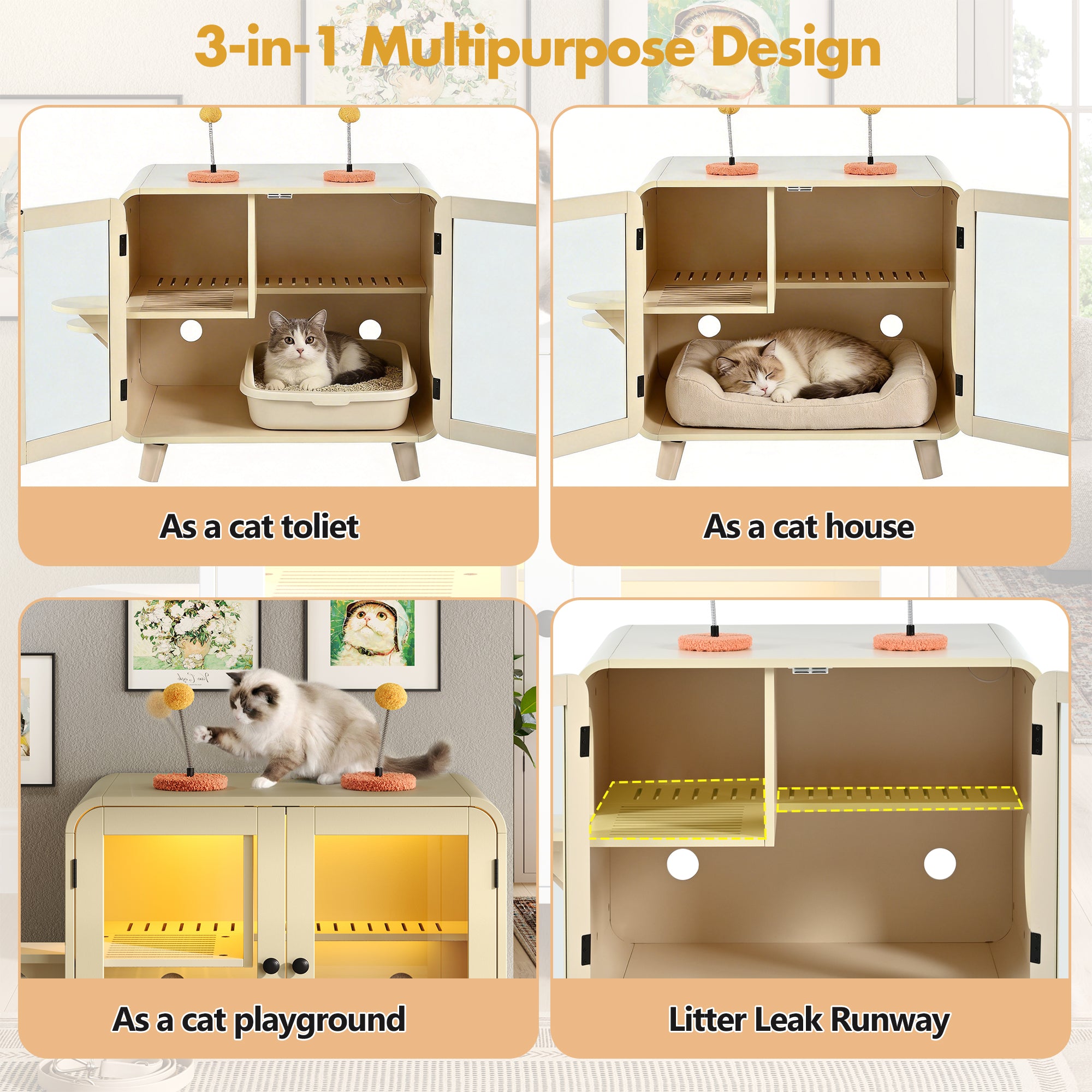 Cat Hidden Litter Box Enclosure With RGB LED Light, Cat House With Stairs And Cat Pom-pom Toys For Fun, Cat Washroom Cabinet With Litter Leak Walkway And Glass Doors For Better View,Beige