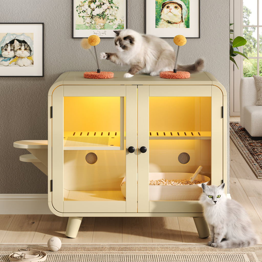 Cat Hidden Litter Box Enclosure With RGB LED Light, Cat House With Stairs And Cat Pom-pom Toys For Fun, Cat Washroom Cabinet With Litter Leak Walkway And Glass Doors For Better View,Beige