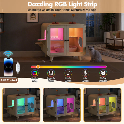 Cat Hidden Litter Box Enclosure With RGB LED Light, Cat House With Stairs And Cat Pom-pom Toys For Fun, Cat Washroom Cabinet With Litter Leak Walkway And Glass Doors For Better View,Beige